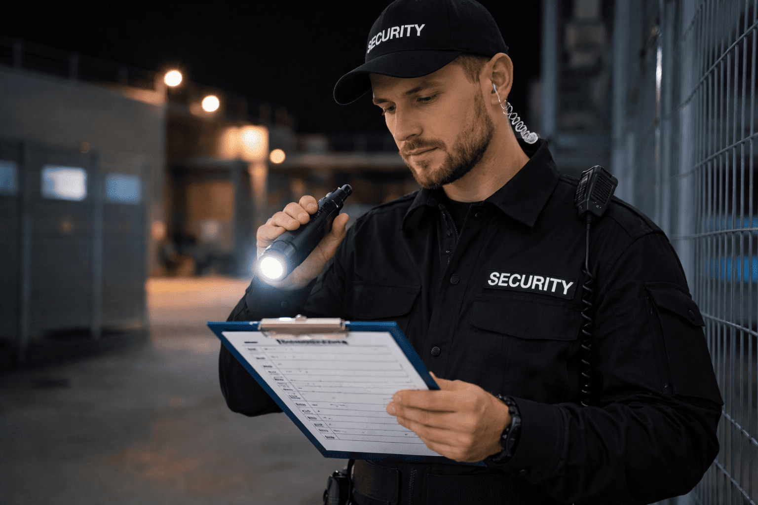 Security officer reviewing a patrol checklist during night rounds at a fenced site